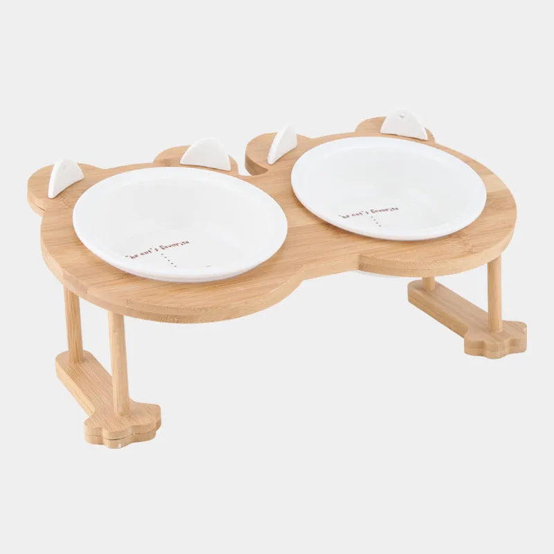 Ceramic cat bowl with bamboo rack on non-slip base, 15° tilt angle for comfortable feeding