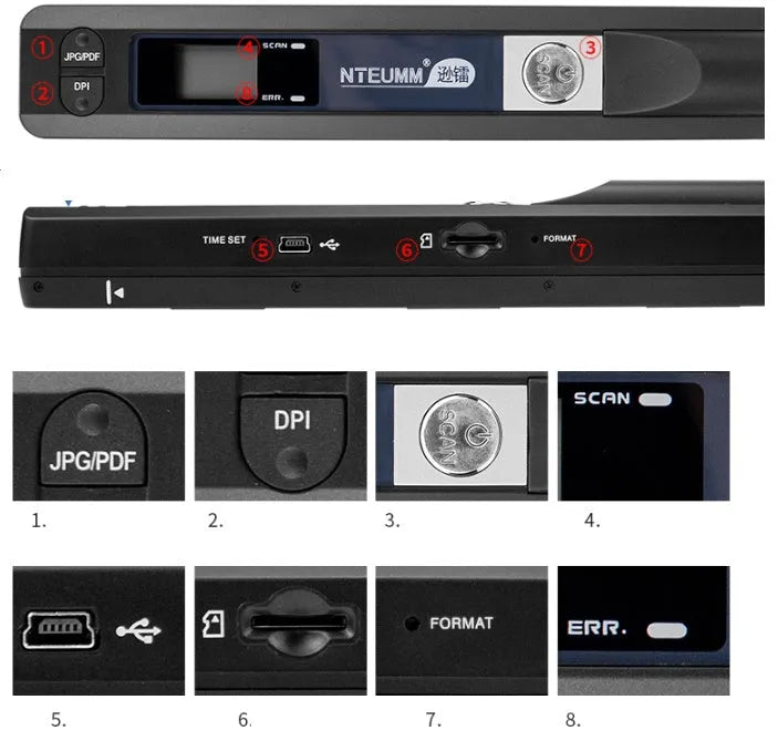 Compact portable A4 document scanner with USB cable and 900 DPI resolution, measuring 255 x 33 x 25 mm