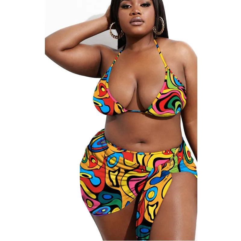 Women's bikini set with matching skirt in nylon fabric available in sizes XL to 4XL picture colour