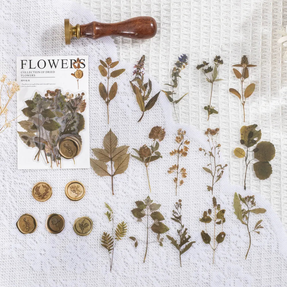 Dried flower journal decoration sticker set showing eight artistic styles on 70mm PET sheets