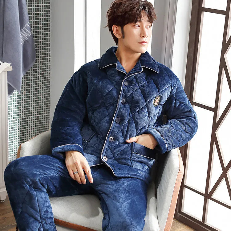 Winter thick flannel men's pyjama suit set in Army Green with lapel V-neck long sleeve top and matching trousers