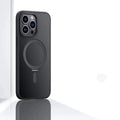 Magnetic phone case with invisible stand for iPhone 15 Pro Max in silver, showing bracket deployed