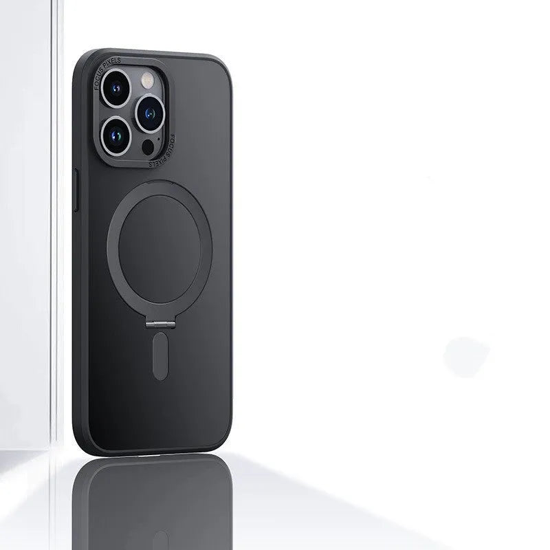 Magnetic phone case with invisible stand for iPhone 15 Pro Max in silver, showing bracket deployed