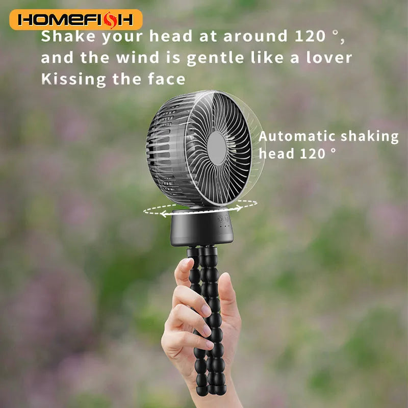 HOMEFISH F2 automatic head shaking portable fan with removable bracket and LED light on a table