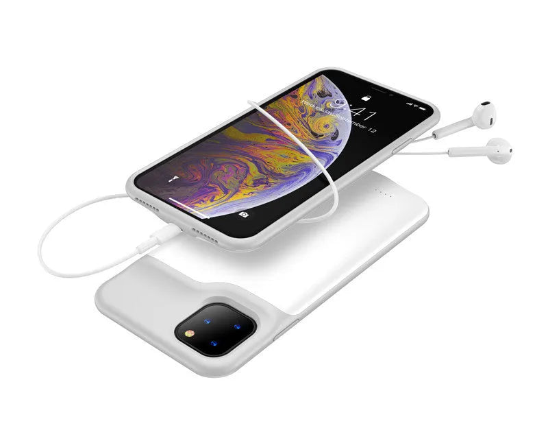 Shockproof silicone battery charger case for iPhone in black, showing integrated design.
