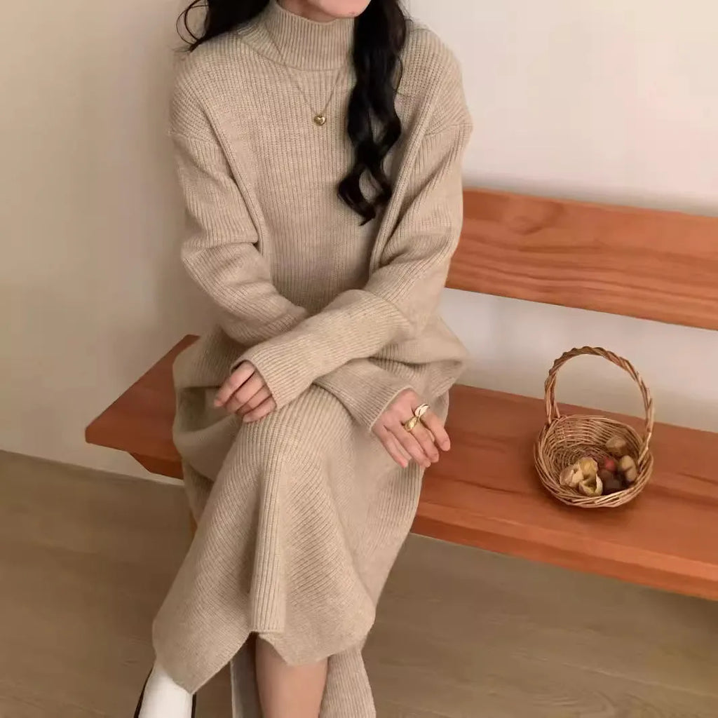 Half turtleneck knit dress in acrylic fibre with high waist and midi length
