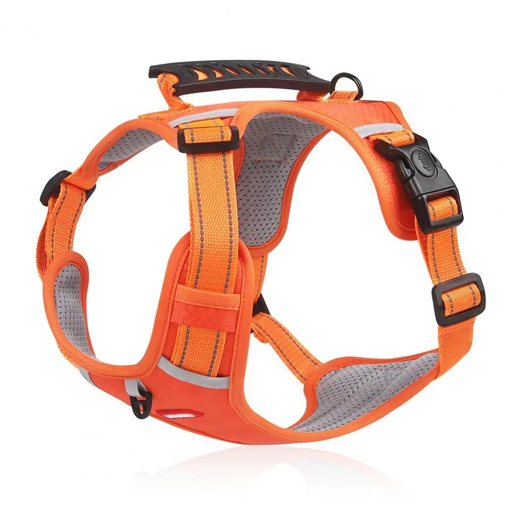 Orange adjustable nylon dog harness vest with reflective strips and breathable mesh panelling.