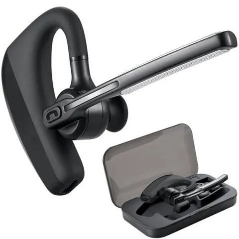 Black true wireless stereo Bluetooth earbuds with charging case on a white background.