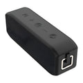 Black waterproof Bluetooth speaker with control buttons and multiple connection ports