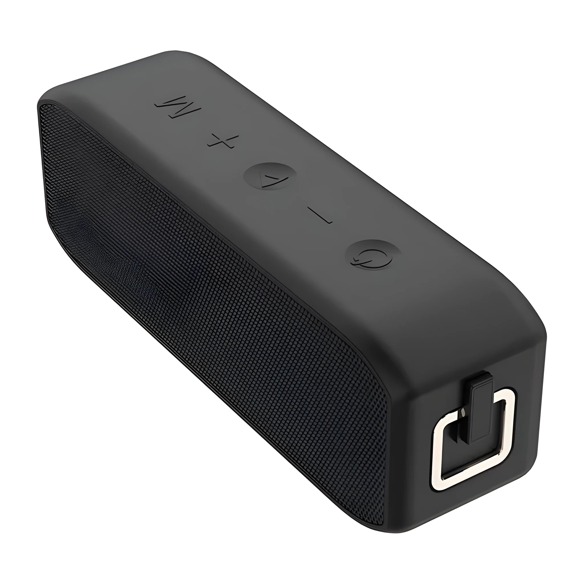 Black waterproof Bluetooth speaker with control buttons and multiple connection ports