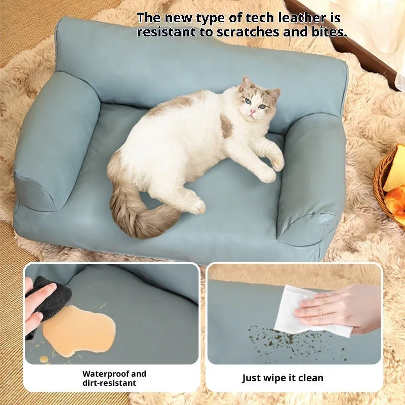 Waterproof PU leather pet sofa bed in orange, coffee or blue, four sizes for dogs and cats