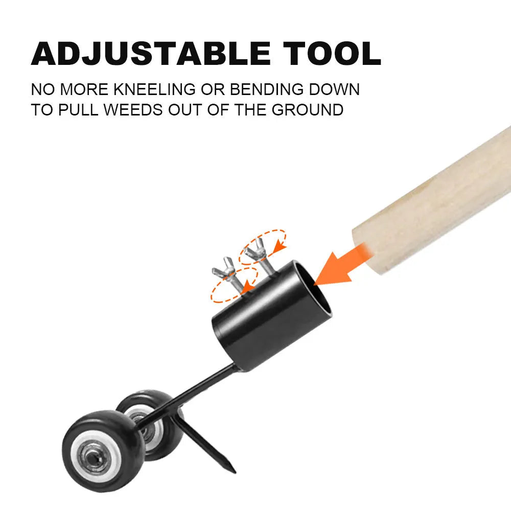 Manual garden weeder set with telescopic metal rod, gap weeder head, and sickle weeder for chemical-free weed removal
