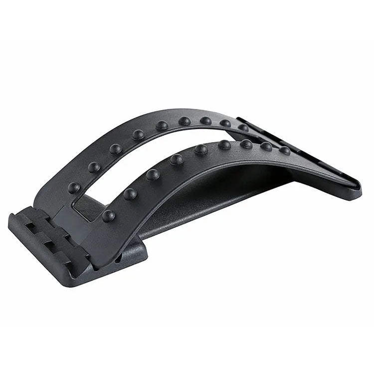 Adjustable back massager stretcher with magnetic therapy points on a black and purple background.
