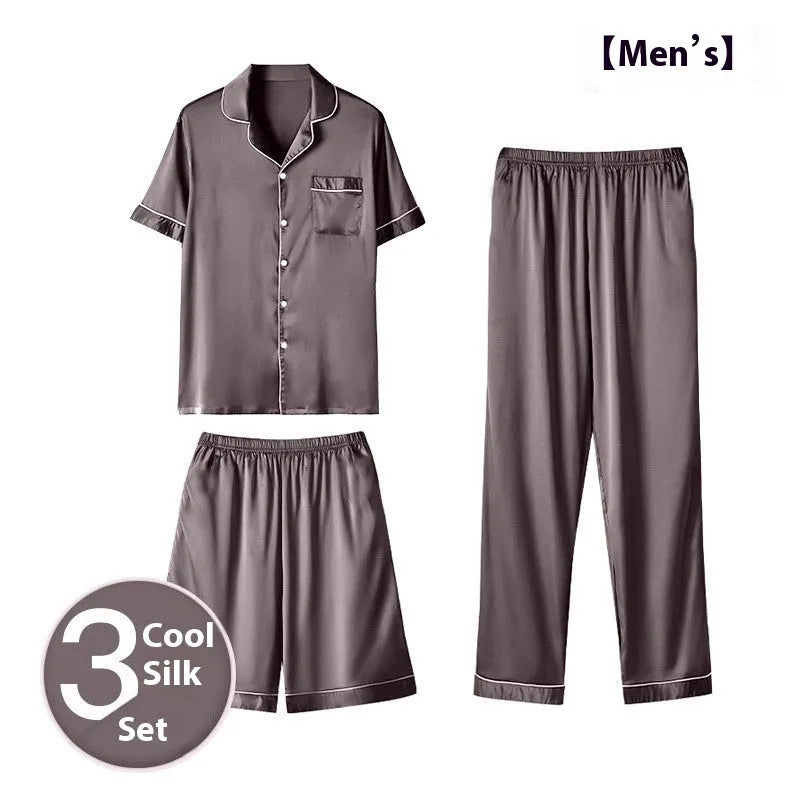 Men's ice silk three-piece home wear set with trousers and shorts in thin fabric for summer sleeping