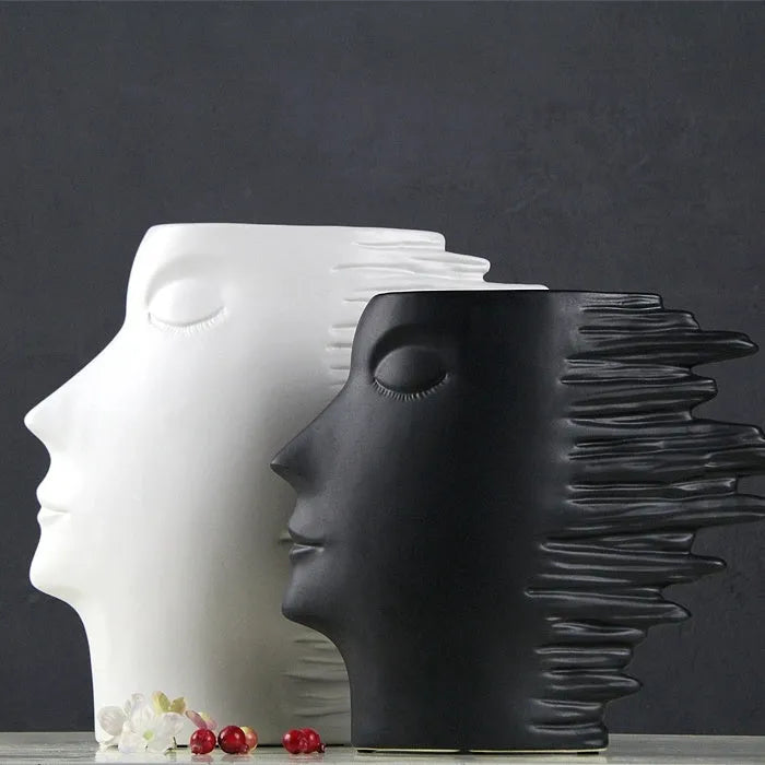 Nordic simple porcelain hanging vase with matte finish and head ornament pattern in black or white