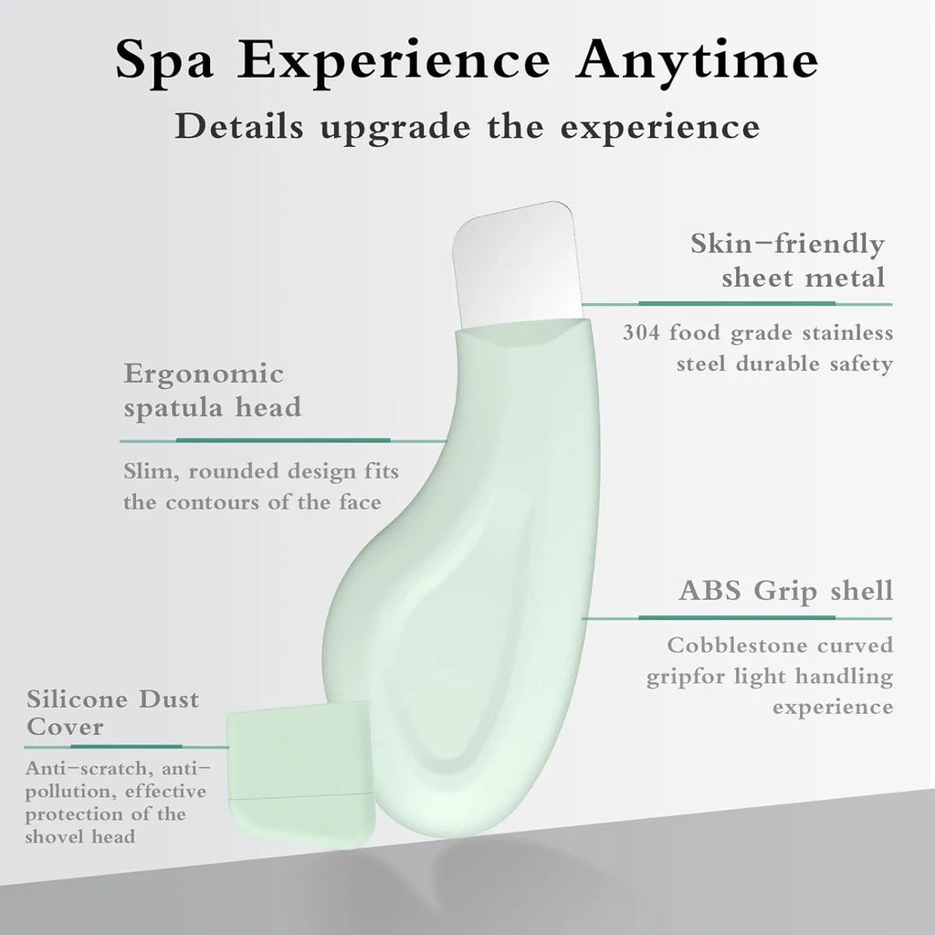 Stainless steel facial pore scraper tool with a green silicone non-slip handle on a white background.