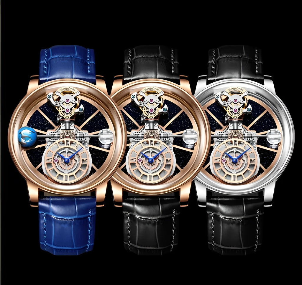 Men's hollowed-out quartz watch with round 46mm dial, real leather strap, and mineral glass on wrist