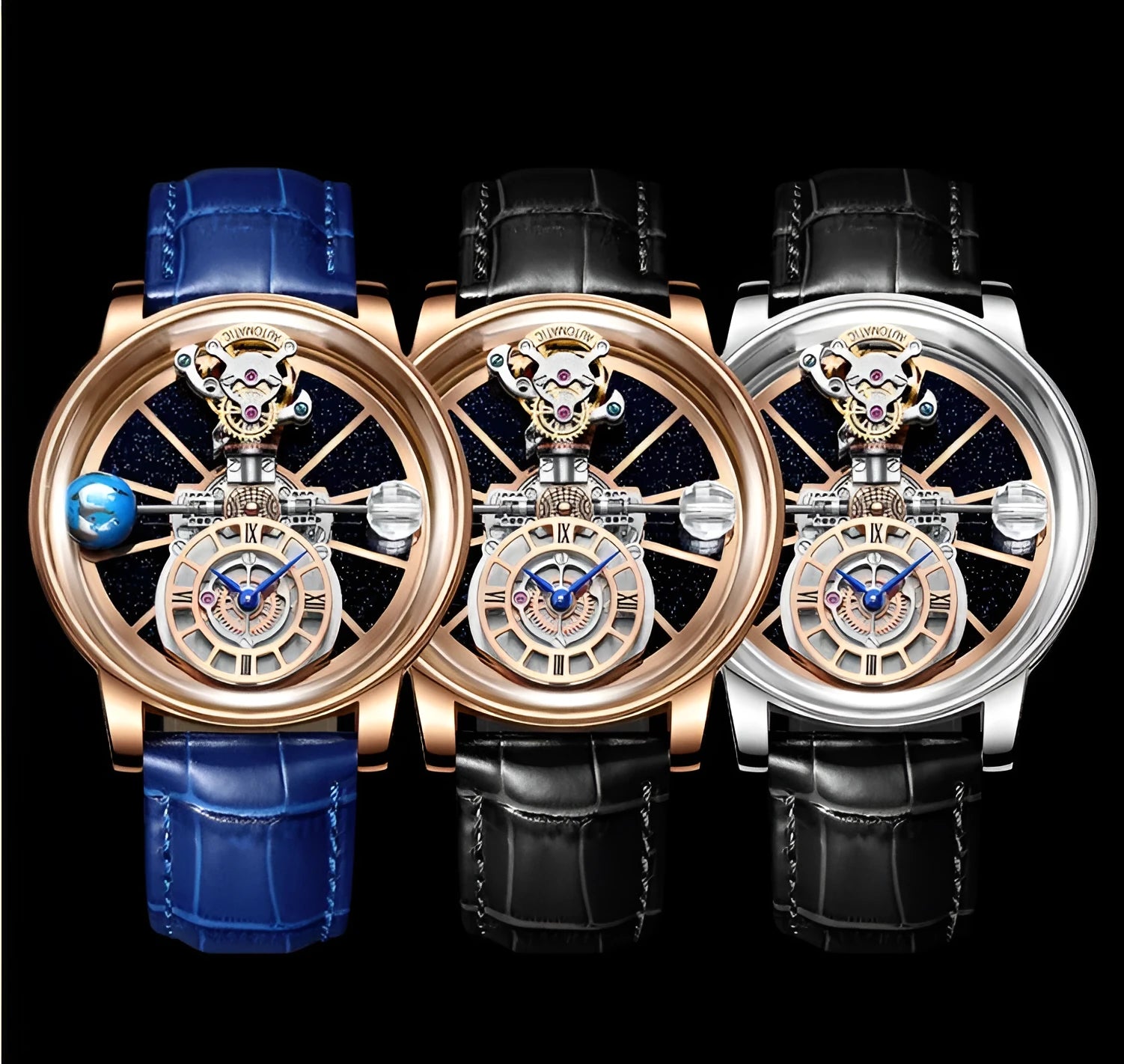 Men's hollowed-out quartz watch with round 46mm dial, real leather strap, and mineral glass on wrist