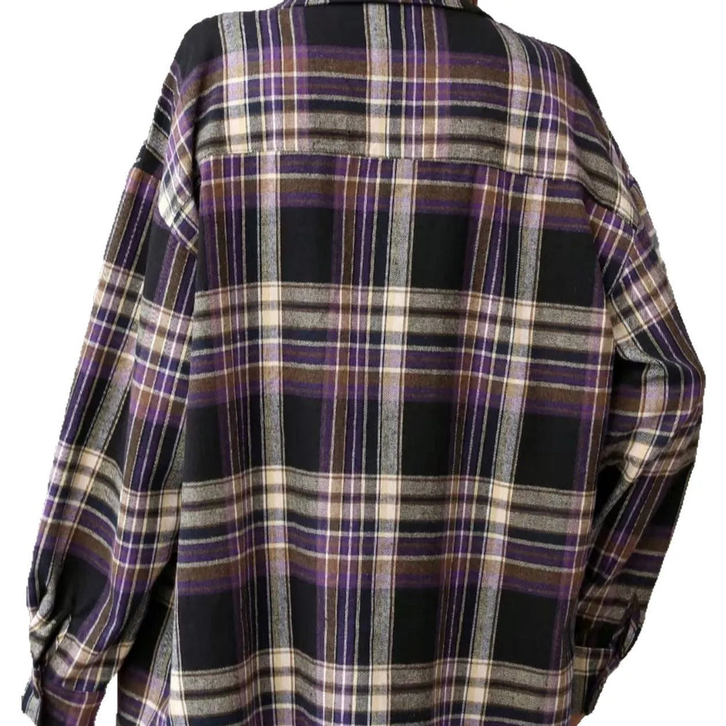 Women's loose fit retro plaid cotton shirt in black, green, and purple colour options.