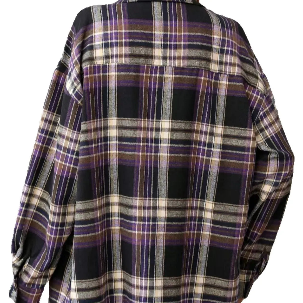 Women's loose fit retro plaid cotton shirt in black, green, and purple colour options.