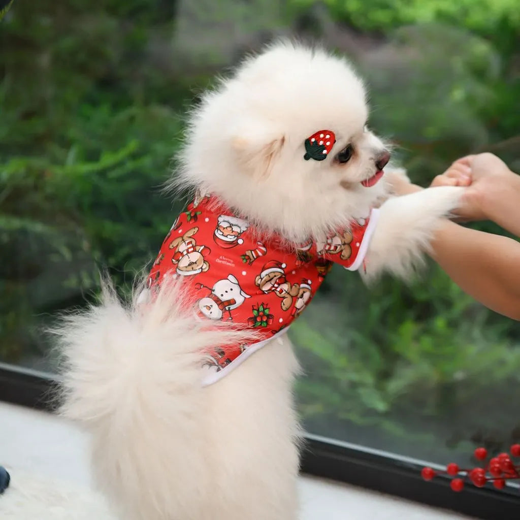 Pet clothing for cats and dogs in white moose design polyester fabric, shown on a white background