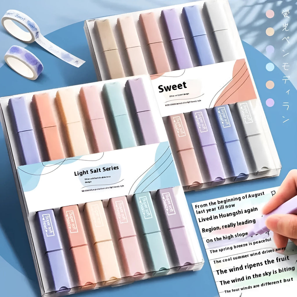 Set of double-ended fluorescent highlighting pens showing chisel and fine tips, in mixed, salt series, and sweet series colours.