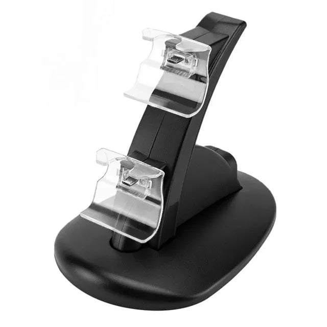 Black dual charging stand holding two Xbox One controllers upright.