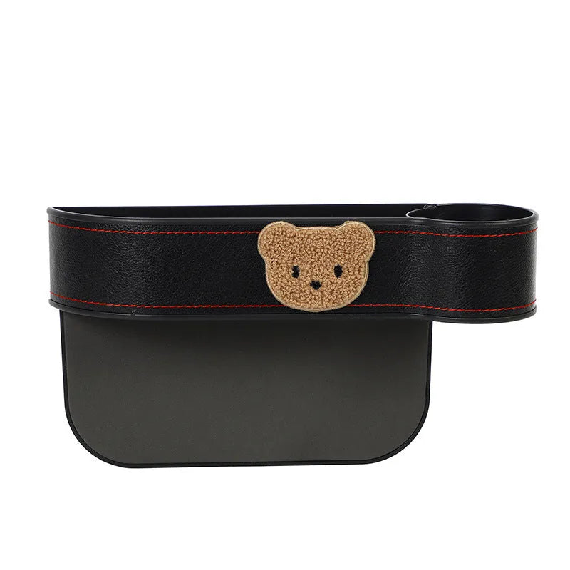 Leather car seat gap storage box with cartoon bear design for vehicle organisation