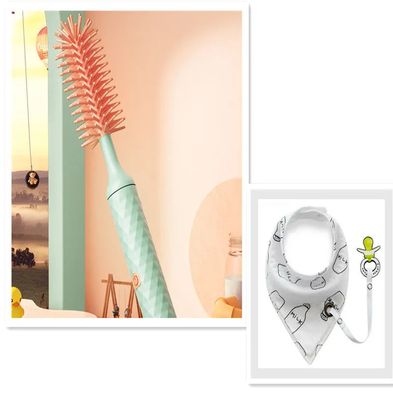 Pink and green electric baby bottle brush with rotating silicone head and USB charging cable