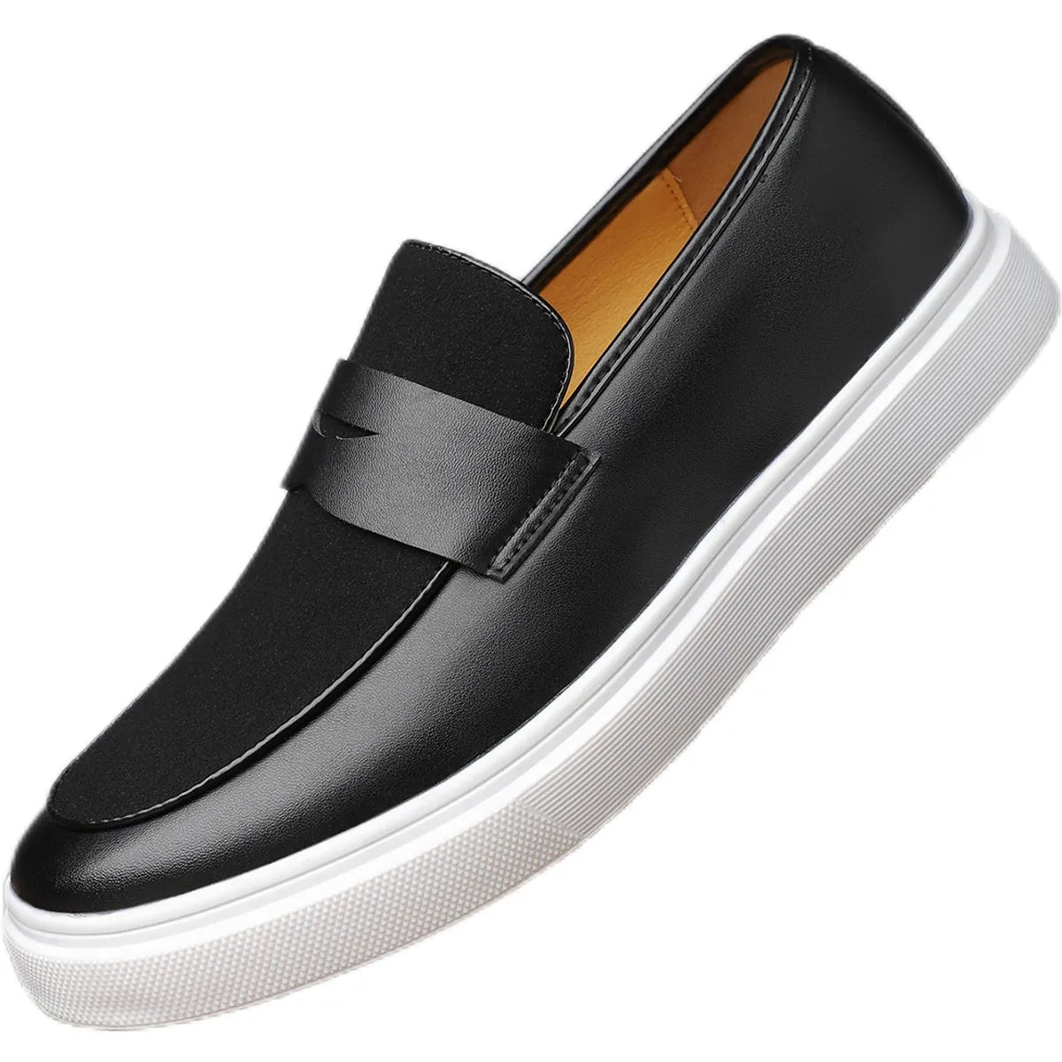 Men's black slip-on casual Gommino-style shoes with round toe and tassel decoration on a flat mid-heel.