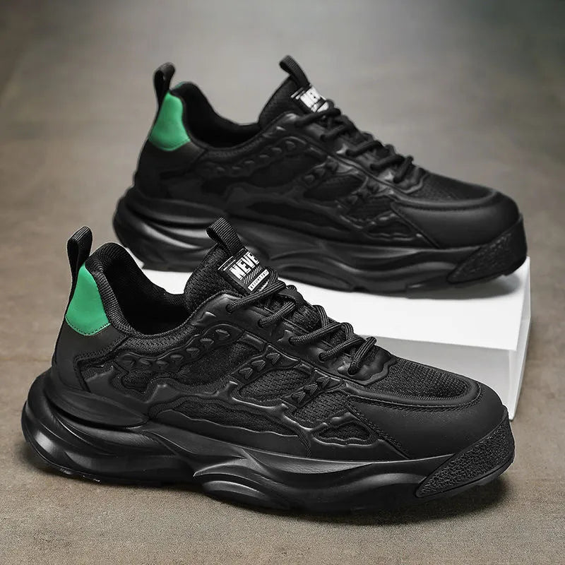 Men's white and black breathable mesh shoes with round toe and PU upper in sizes 39-44