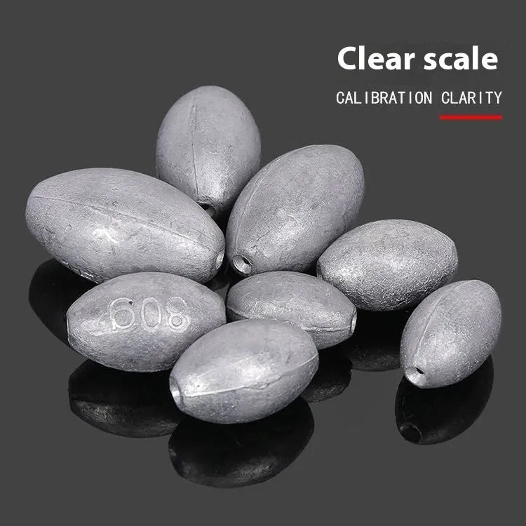 Tongxin scale olive lead fishing sinker with rugby shape and plastic core, shown in various weights.