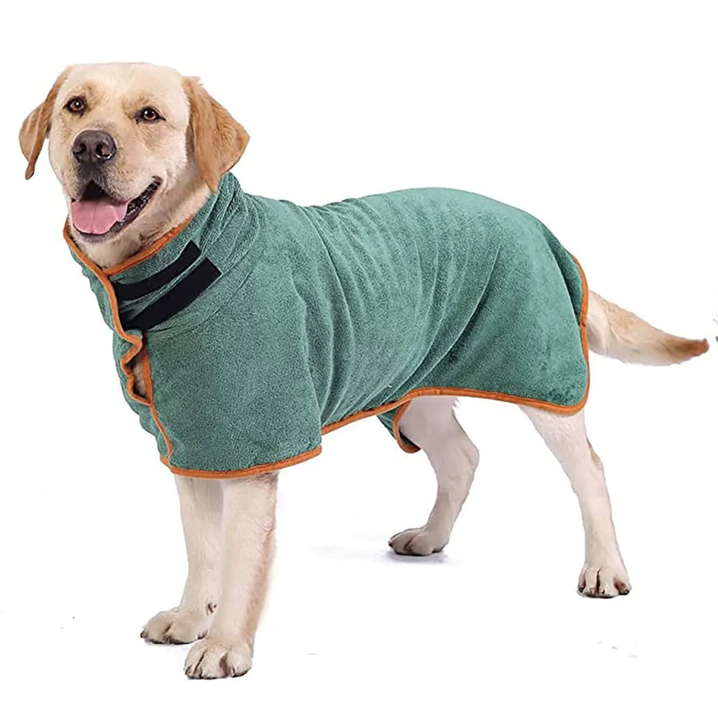 Gray nylon dog robe towel for drying pets after bathing, shown with orange edge trim