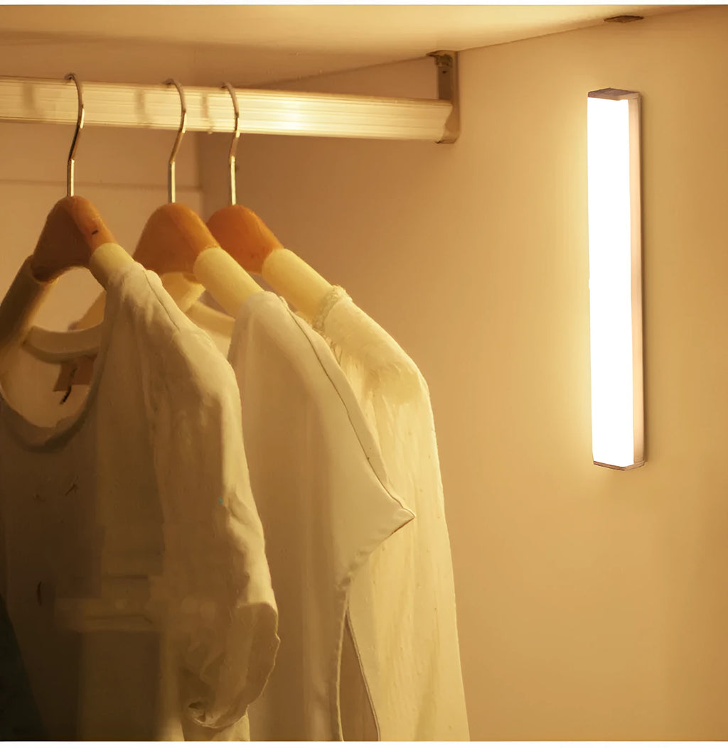 Black and white battery-operated LED strip light with body motion sensor in various lengths.