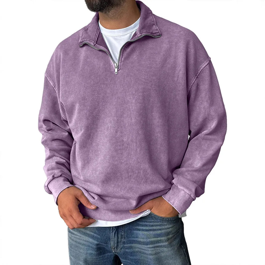 Men's loose drop shoulder cotton sweatshirt in solid colour, stone wash finish, long sleeves