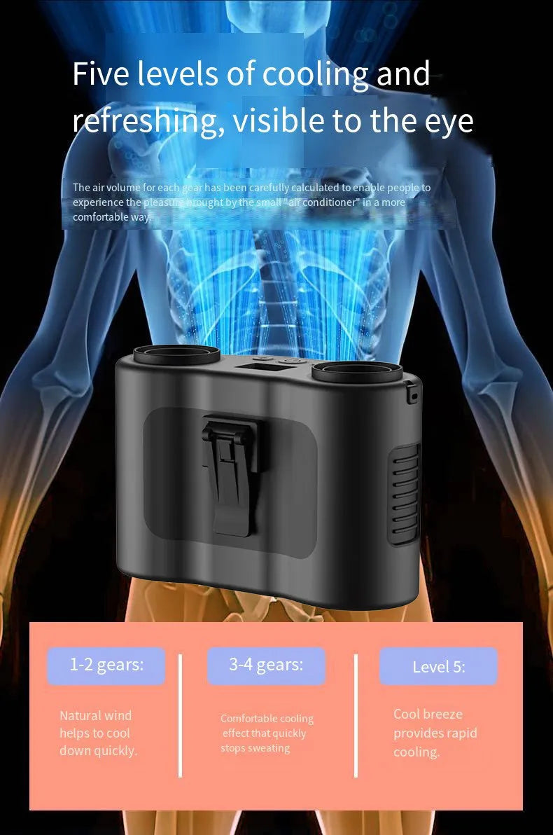 Black 2025 model waist-hung personal fan with waist buckle and neck lanyard for outdoor use.