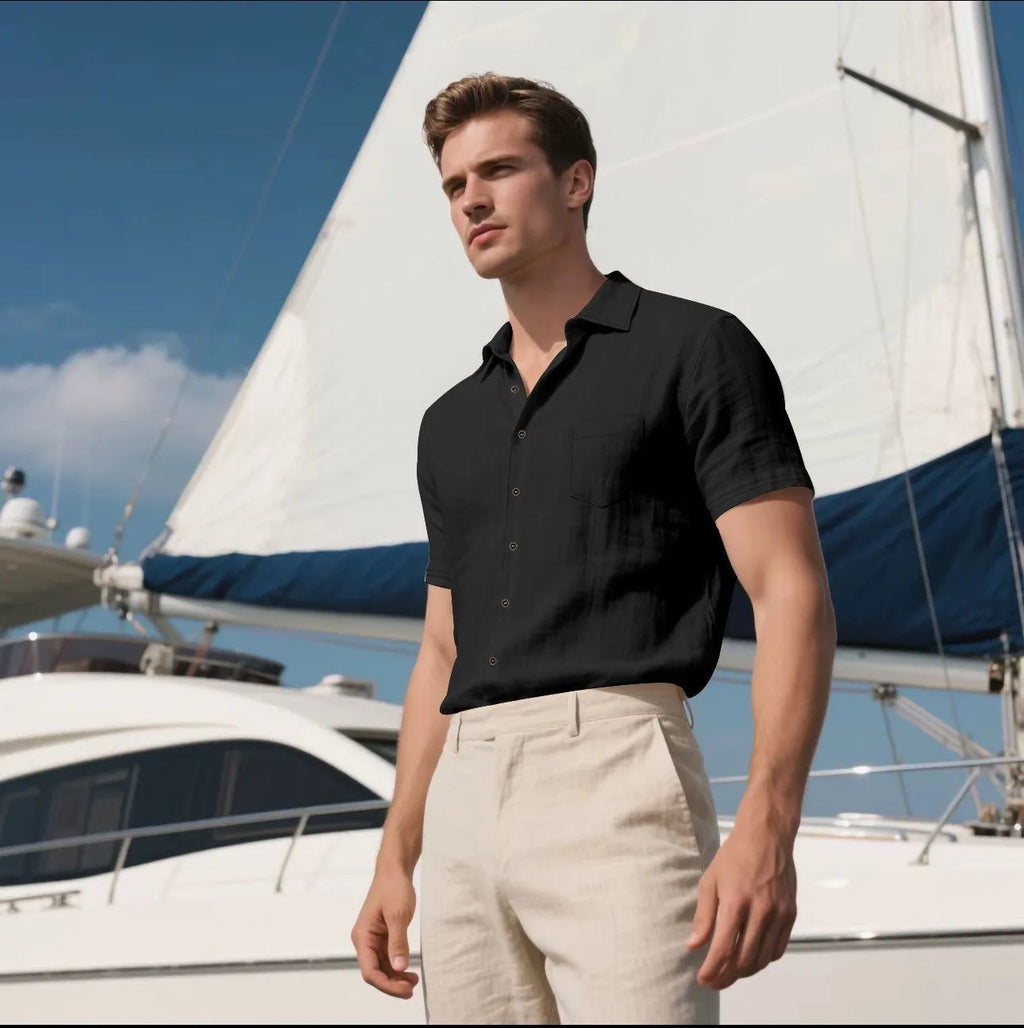 Men's loose cardigan-style short-sleeved shirt in cotton blend fabric showing colour options