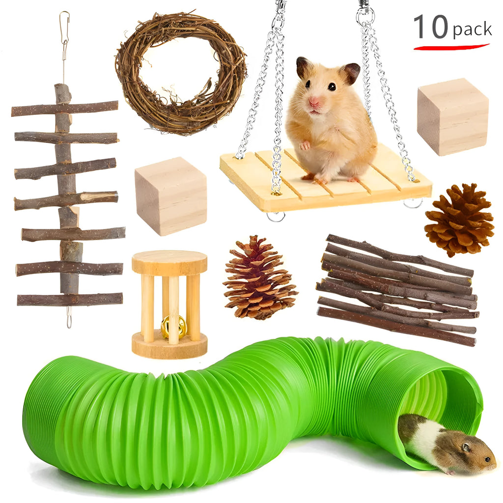 Assorted wooden chew toys for small pets including balls and mats on a neutral background.