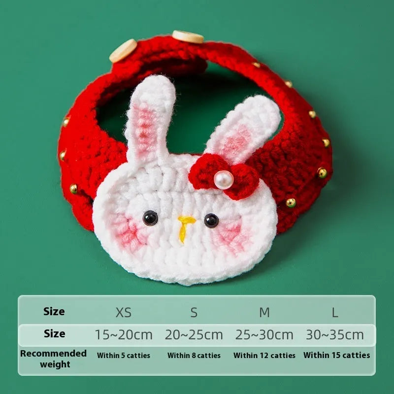 Hand knitted Christmas pet collar for cats made from milk cotton yarn with adjustable sizing and festive bow design