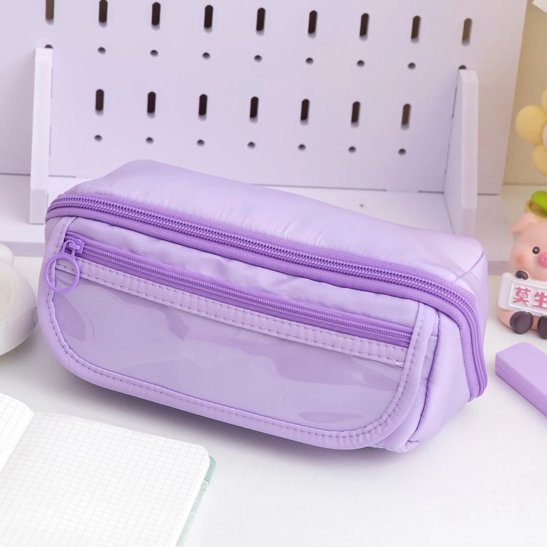 Korean style ten-layer flip canvas pencil case open to show multiple compartments.