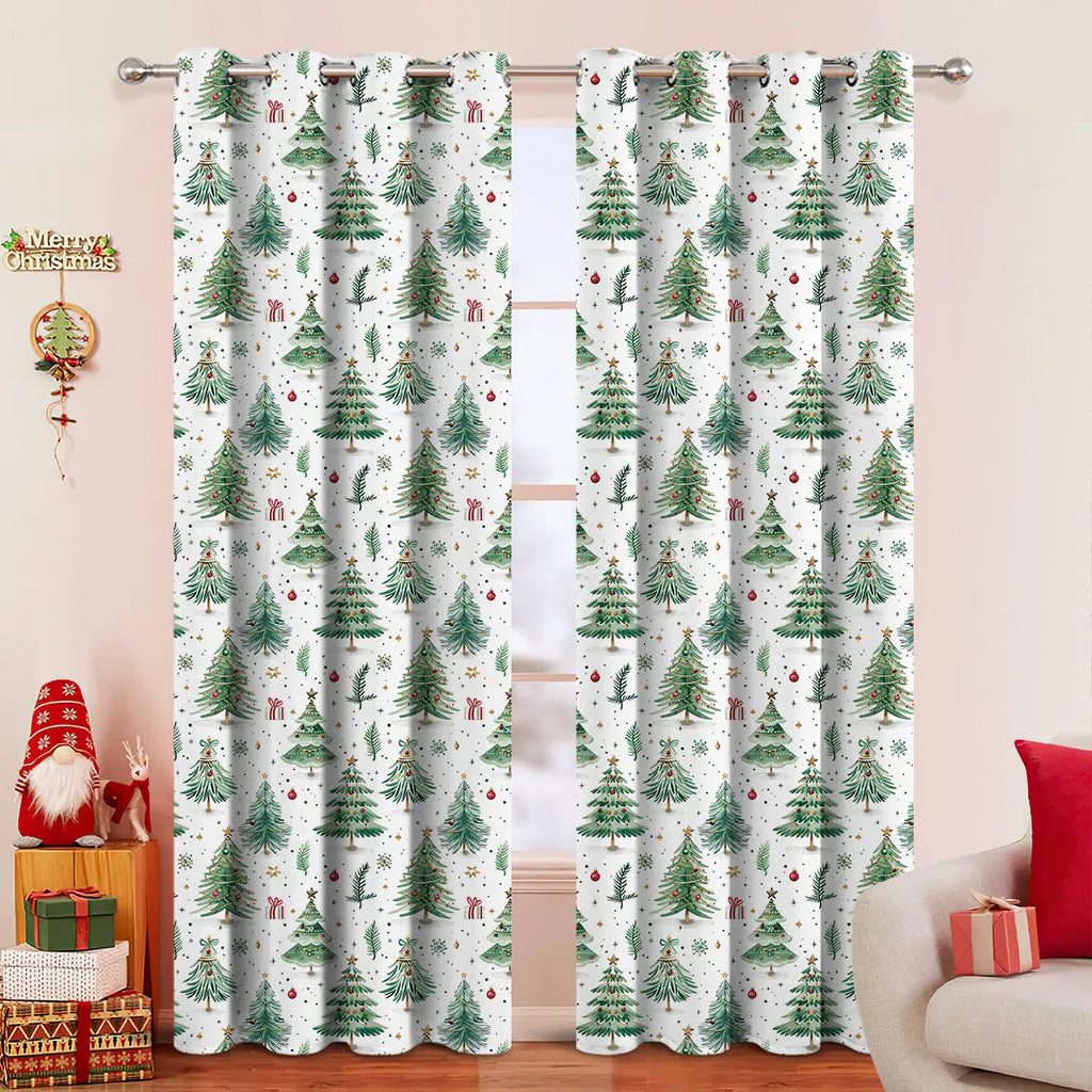 Polyester curtain with green Christmas Forest Punching pattern, shown hanging as a window treatment.