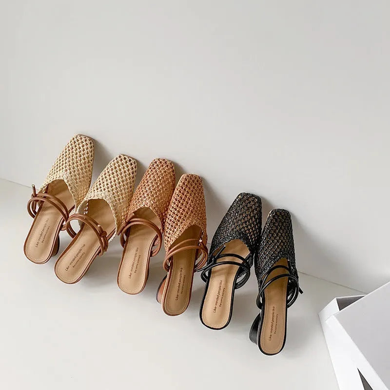 Women's French style square toe outdoor slippers with hollow-out breathable design and chunky retro heel