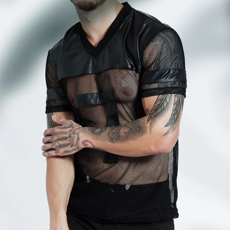 Men's black V-neck running t-shirt with mesh fabric and stitching detail