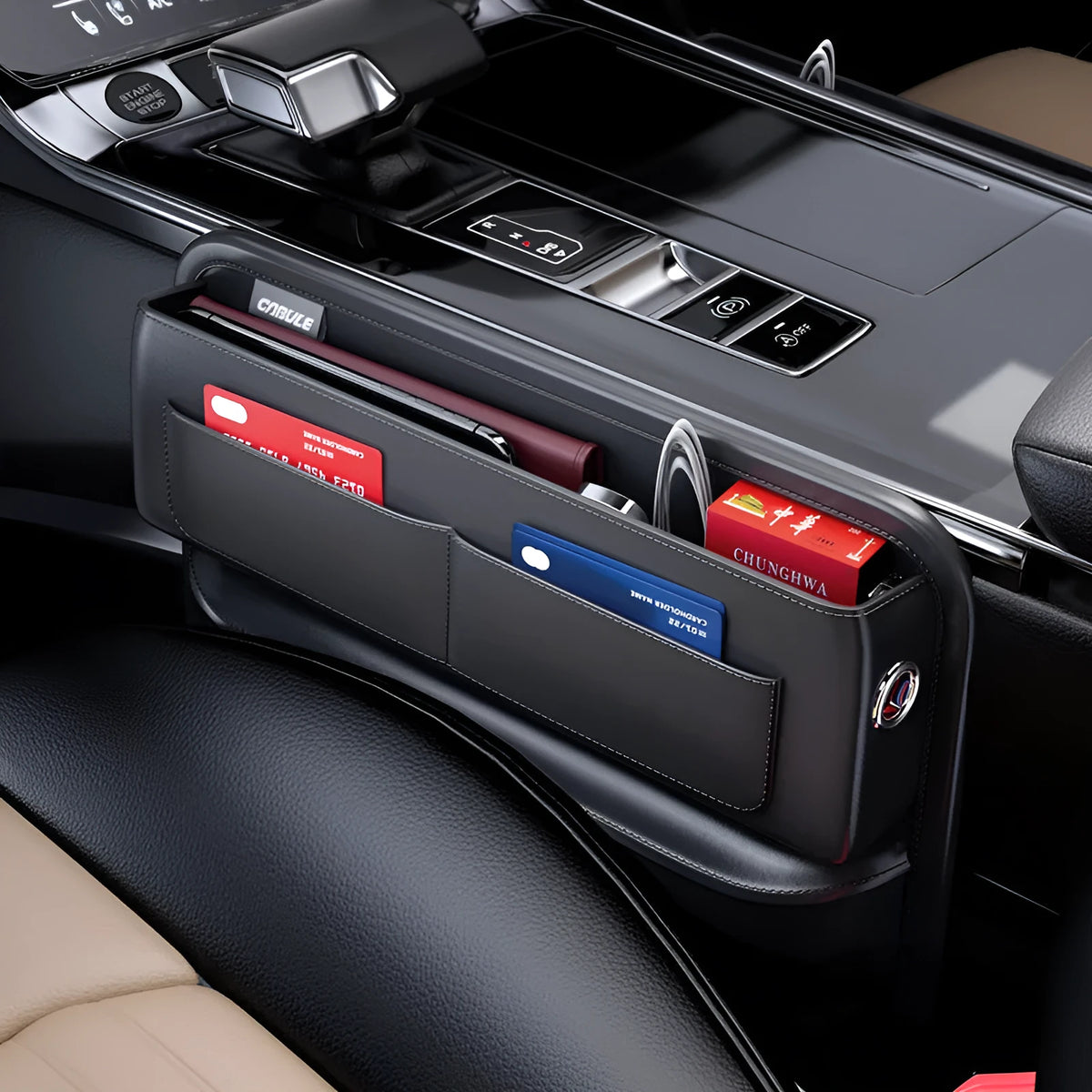 Black PU leather car seat gap storage box with data cable hole filling central console space