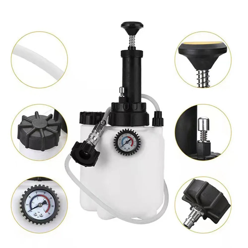 White 3-litre brake oil tank and replacement tool for automotive service.