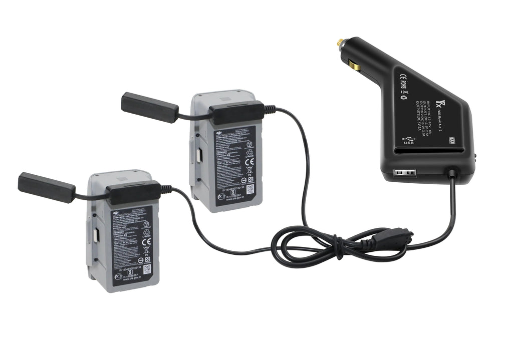 DJI Mini 2 dual electric car charger in metal black with two battery ports and USB output