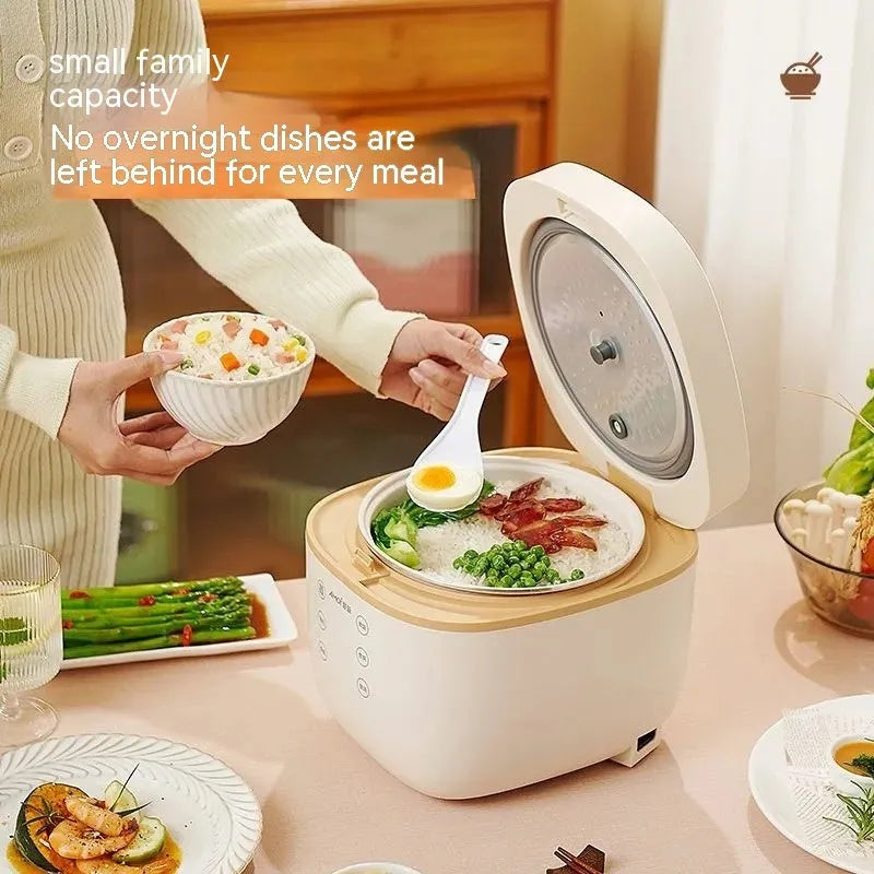 White 3L rice cooker with black inner pot and included accessories