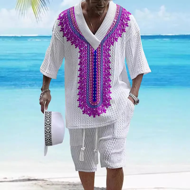 Men's printed knitted drop-shoulder short-sleeved top and shorts lounge set.
