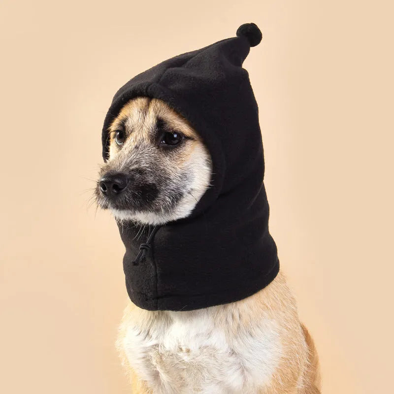 Bear themed cloth pet headdress with rabbit ears on a dog, available in leopard, black, and red.