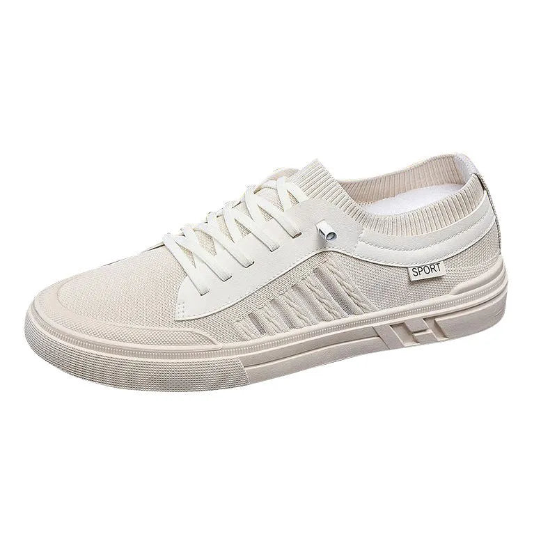 Men's low-top casual shoes in grey with mesh lining, flat plastic sole, and sewing thread detail